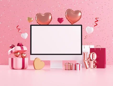 Valentines Day computer blank screen mockup with hearts, balloons and festi.. Stock Photos
