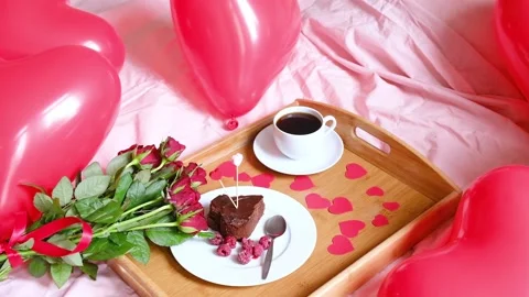 Valentine's day concept. Breakfast in bed on Valentine's Day. Stock Footage 146702142