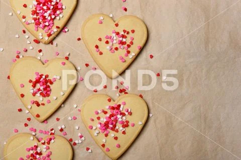 Valentines Day Concept: Fresh Baked Heart Shaped Cookies Decorated With Candy