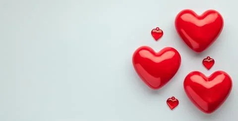 Valentine's day concept with red hearts on light blue background, top view, c Stock Photos