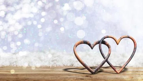 Valentine's day concept. Rusty attached hearts on blur snow background, banne Stock Illustration