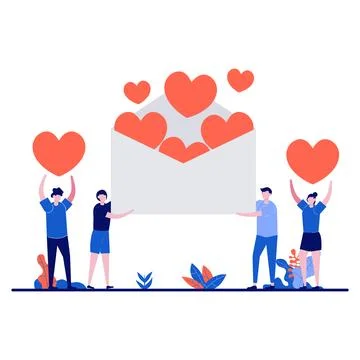 Valentine's day concept with tiny character. People stand near large letter.. Stock Illustration
