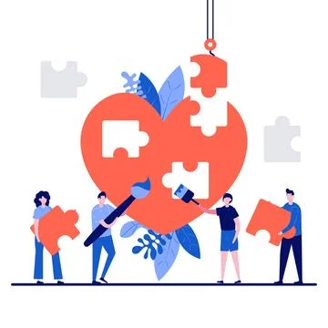 Valentine's day concept with tiny character. People build a big heart puzzl.. Stock Illustration