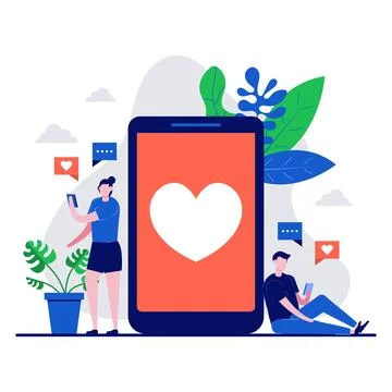 Valentines day concept with tiny character. Couple sending love message usi.. Stock Illustration