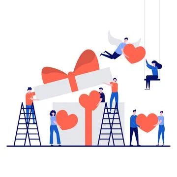 Valentine's day concept with tiny character. People with big box and hearts.. Stock Illustration