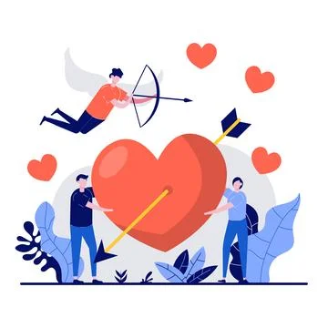 Valentine's day concept with tiny character. Couple fall in love, sharing h.. Stock Illustration