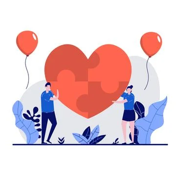 Valentine's day concept with tiny character. Loving couple create heart-sha.. Stock Illustration
