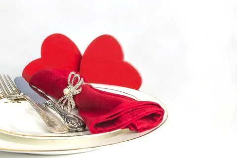 Valentine's day concept/table setting with red heart on white background wi.. Stock Photos