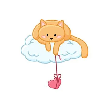 Valentines Day cute cat on a cloud with heart on a string cartoon image Stock Illustration