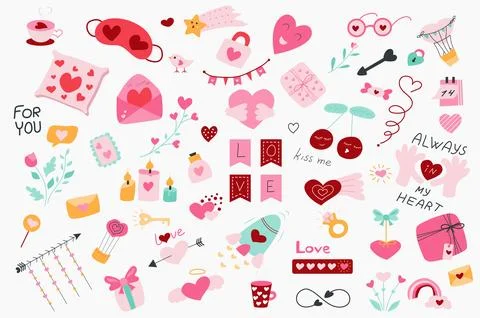 Valentines day cute set in flat cartoon design. Bundle of heart, cup, sleep mask Stock Illustration