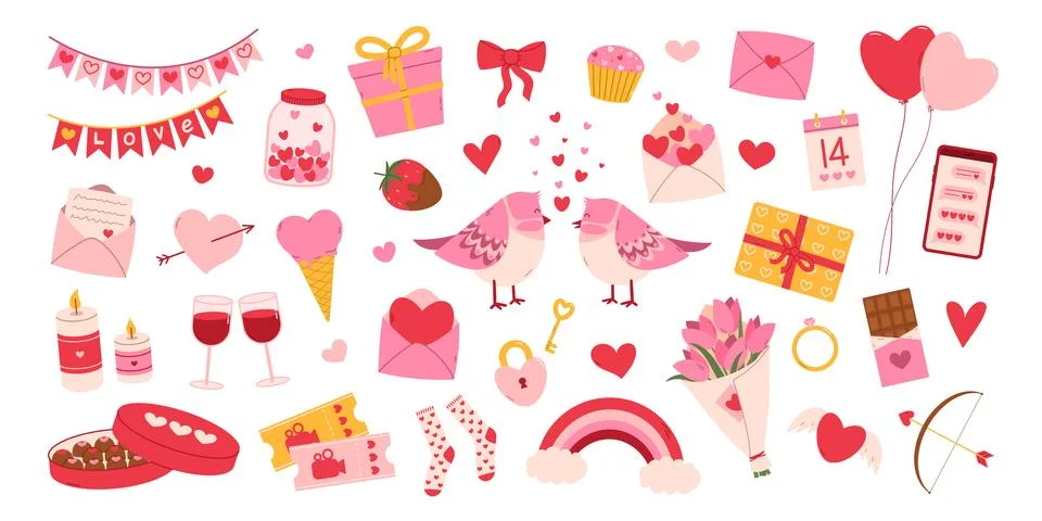 Valentines Day decoration elements big set Stock Illustration