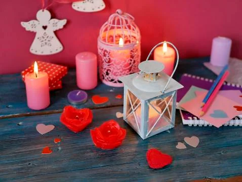 Valentine's Day decorative composition of burning candles Stock Photos