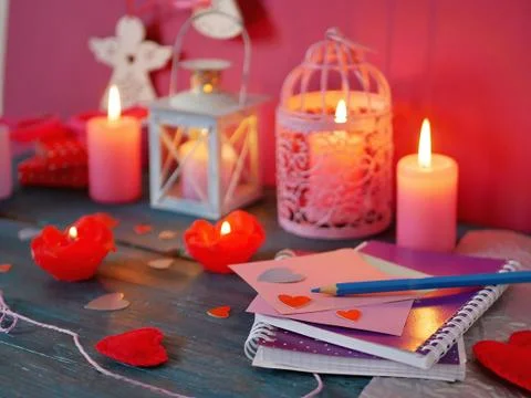 Valentine's Day decorative composition of burning candles Stock Photos