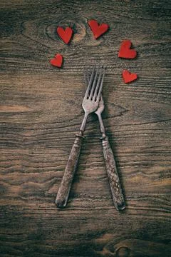Valentines day dinner with table setting in rustic wood Stock Photos