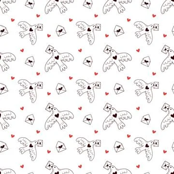 Valentines Day Doodle Bird Pattern Cute Seamless Love Letter Background Stock Illustration