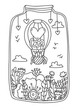 Valentines Day Doodle coloring book page. Glass jar with a Couple in Love fly Stock Illustration