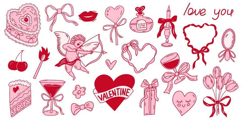 Valentines day doodle elements romantic love set Ilustração Stock