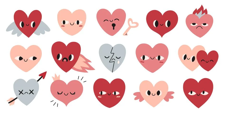 Valentines day doodle hearts set. Cute collection of flat hearts with different Illustrazione stock