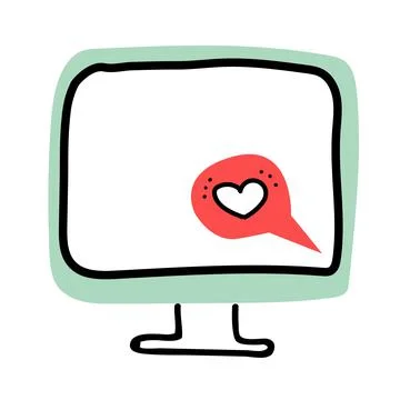 Valentines Day doodle icon computer screen Monitor and Speech bubble with lov Stock Illustration