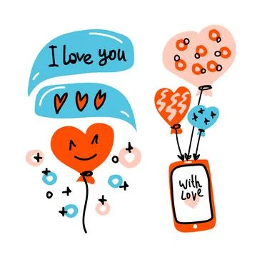 Valentines Day Doodle set elements. Speech bubbles with Lettering I Love You  Stock Illustration