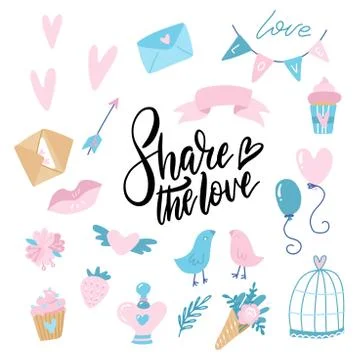 Valentines day doodle set, objects for concept and design. Heart, ribbon, bal Stock Illustration