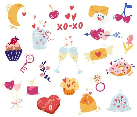 Valentine's Day elements. Big set of love items, muffins, hearts, ring, arrow 스톡 일러스트