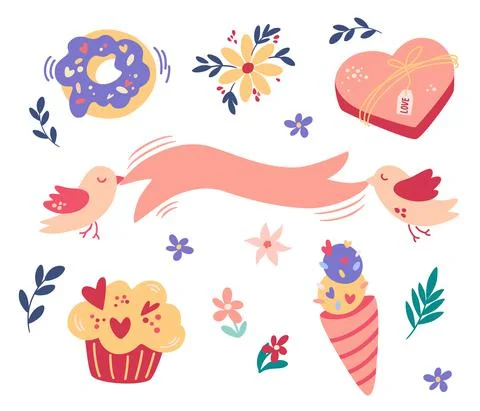 Valentine's day elements clipart set. Flowers, candy, ice cream, ribbon, bird Stock Illustration