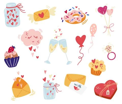 Valentine's Day elements collection. Hearts, sweets, letters, champagne, ring Stock Illustration