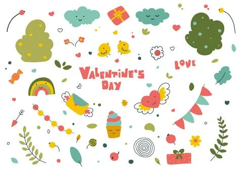 Valentines day elements decor, flat vector illustration design. イラスト素材