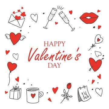 Valentines day elements in hand drawn style and text happy valentine day Stock Illustration