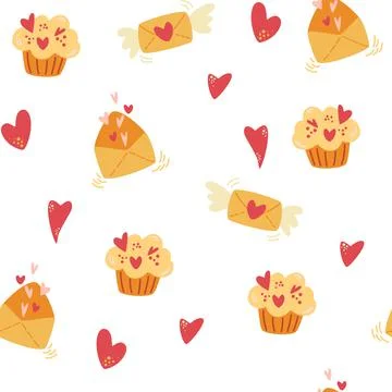 Valentine's Day Elements Seamless Pattern. Hearts, sweets, letters, envelopes Stock Illustration