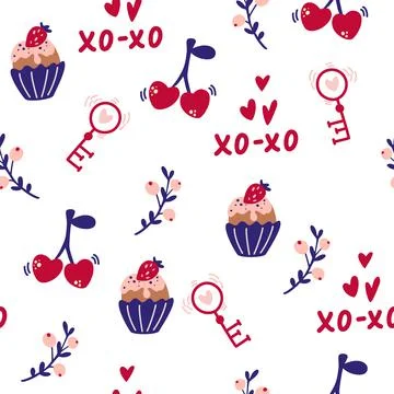 Valentine's Day Elements Seamless Pattern. Cherries, muffin, key, berries. Pr Stock Illustration