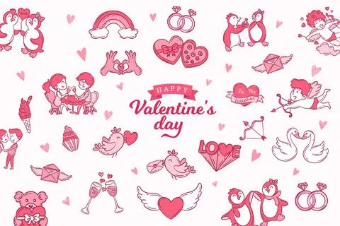 Valentine's day elements. Set of cute hand drawn icons about love Stock Illustration