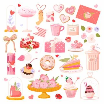 Valentine's day elements vector set. Gift, heart, bottle, kiss, key, rose Stock Illustration