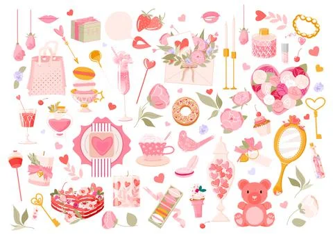 Valentine's day elements vector set. Gift, heart, drink, kiss, key, rose Stock Illustration