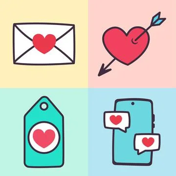 Valentines day elements vector set. Gifts, hearts, envelopes, desserts, locks 스톡 일러스트