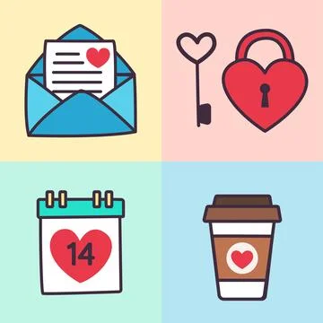 Valentines day elements vector set. Gifts, hearts, envelopes, desserts, locks Illustrazione stock