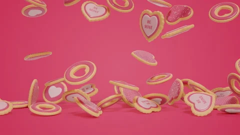 Valentine’s Day. Falling down pink colored sugar cookies Видео 168839785