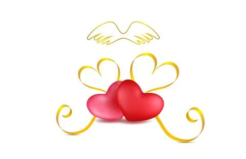 Valentines day festive composition with two red hearts with golden ribbon Stock Illustration