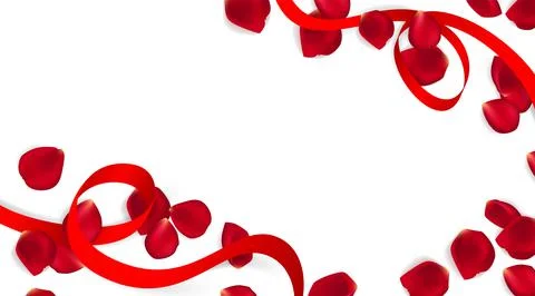 Valentines day festive composition with two red rose petals and red ribbon on a Illustrazione stock