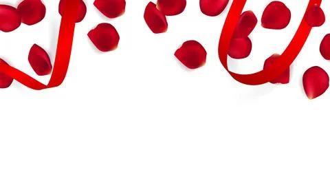 Valentines day festive composition with two red rose petals and red ribbon on a Stock Illustration