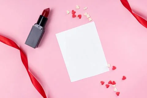 Valentine's day flat lay composition on pink background Stock Photos