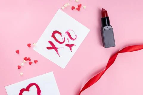 Valentine's day flat lay composition on pink Stock Photos