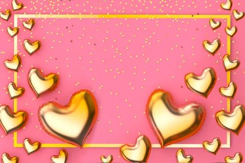 Valentines day flat lay gold balloon 3d illustration with ribbon. Happy Valen Stock Illustration