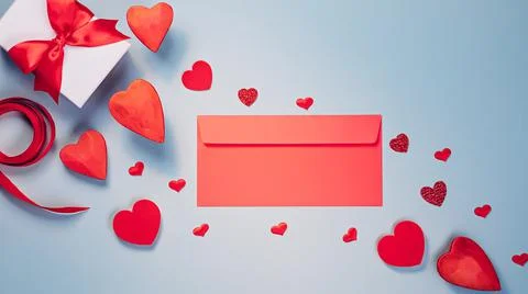 Valentine's Day flat lay template in red and cold gray colors with copy space Stock Photos