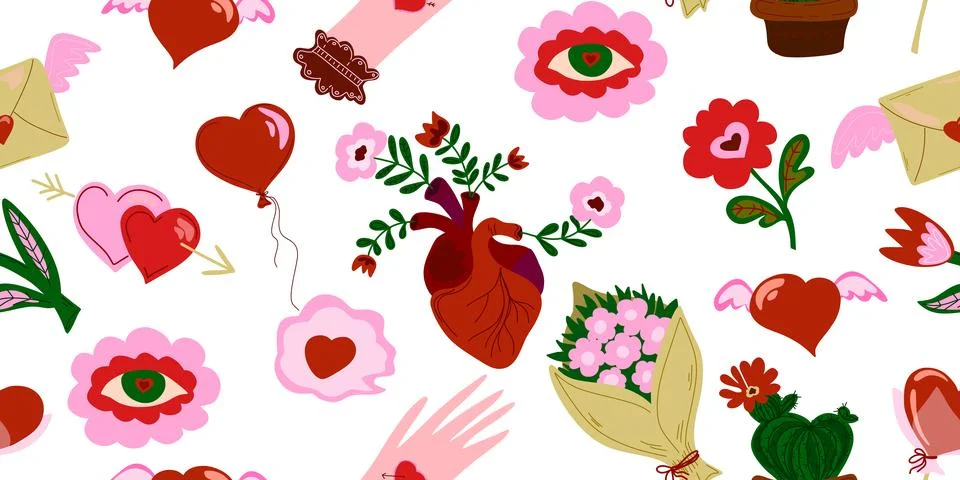 Valentine's Day. Flat style. Vector seamless overlapping pattern Stock Illustration