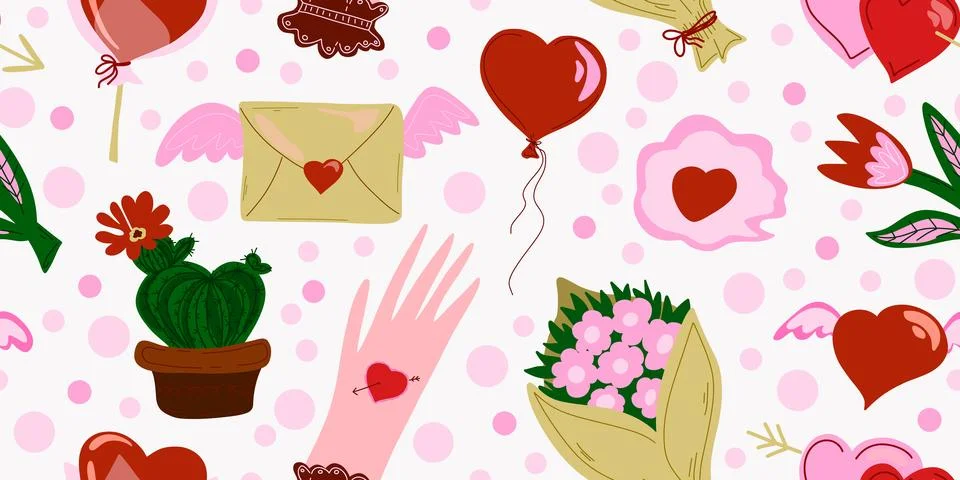 Valentine's Day. Flat style. Vector seamless overlapping pattern 스톡 일러스트