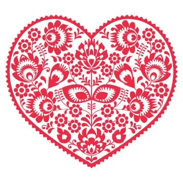 Valentines Day folk art red heart - Polish pattern Wzory Lowickie, Wycinanki Stock Illustration