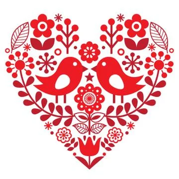 Valentine's Day folk pattern with birds and flowers - Finnish inspired Stock Illustration