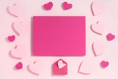 Valentine's day frame composition. Purple pink hearts blank sheet of paper on Stock Photos